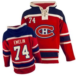 Montreal Canadiens Alexei Emelin Official Red Old Time Hockey Premier Adult Sawyer Hooded Sweatshirt Jersey