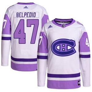Montreal Canadiens Louie Belpedio Official White/Purple Adidas Authentic Youth Hockey Fights Cancer Primegreen NHL Hockey Jersey