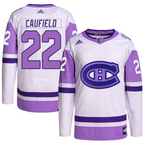 Montreal Canadiens Cole Caufield Official White/Purple Adidas Authentic Youth Hockey Fights Cancer Primegreen NHL Hockey Jersey