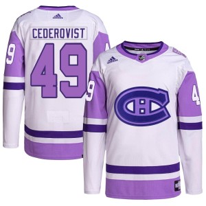 Montreal Canadiens Filip Cederqvist Official White/Purple Adidas Authentic Youth Hockey Fights Cancer Primegreen NHL Hockey Jersey