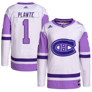 Montreal Canadiens Jacques Plante Official White/Purple Adidas Authentic Youth Hockey Fights Cancer Primegreen NHL Hockey Jersey