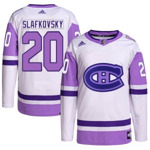 Montreal Canadiens Juraj Slafkovsky Official White/Purple Adidas Authentic Youth Hockey Fights Cancer Primegreen NHL Hockey Jersey