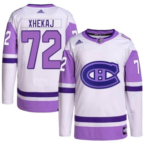 Montreal Canadiens Arber Xhekaj Official White/Purple Adidas Authentic Youth Hockey Fights Cancer Primegreen NHL Hockey Jersey