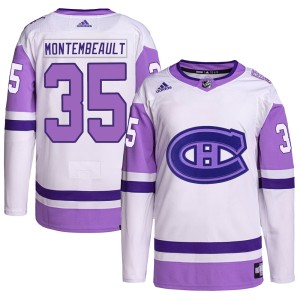 Montreal Canadiens Sam Montembeault Official White/Purple Adidas Authentic Adult Hockey Fights Cancer Primegreen NHL Hockey Jersey