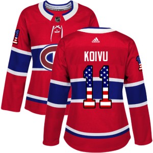 Montreal Canadiens Saku Koivu Official Red Adidas Authentic Women's USA Flag Fashion NHL Hockey Jersey